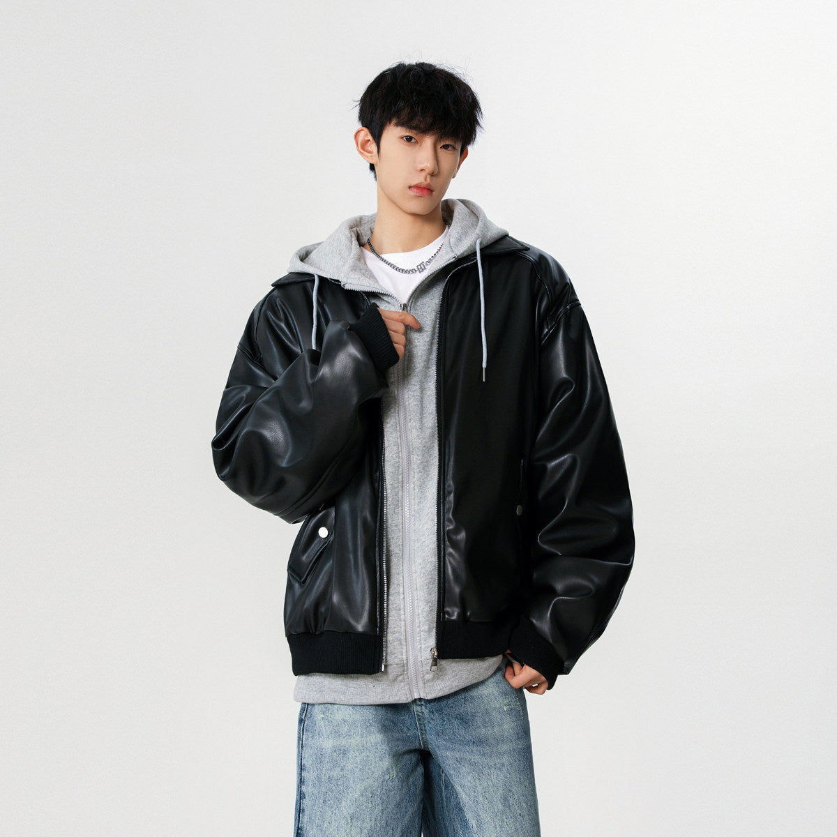 XZ266 Two-piece Hooded Leather Jacket