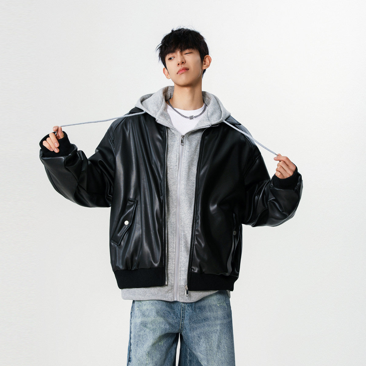 XZ266 Two-piece Hooded Leather Jacket