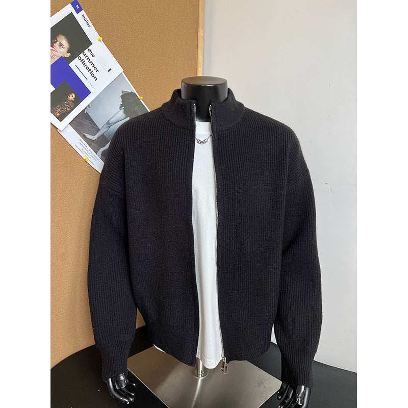 Double-zipper stand-collar oversized knitted sweater coat MY121