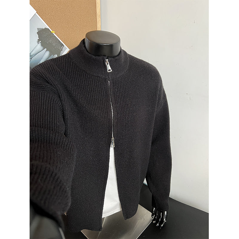 Double-zipper stand-collar oversized knitted sweater coat MY121