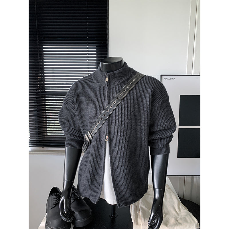 Double-zipper stand-collar oversized knitted sweater coat MY121
