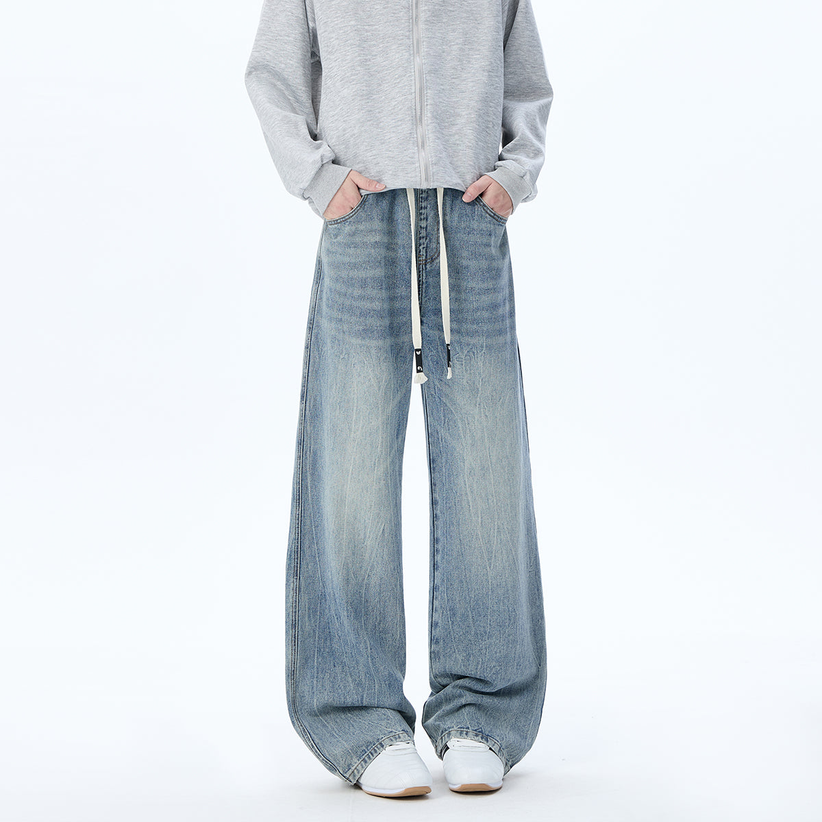 555 Lightning Pattern Washed Stretch Drawstring Jeans