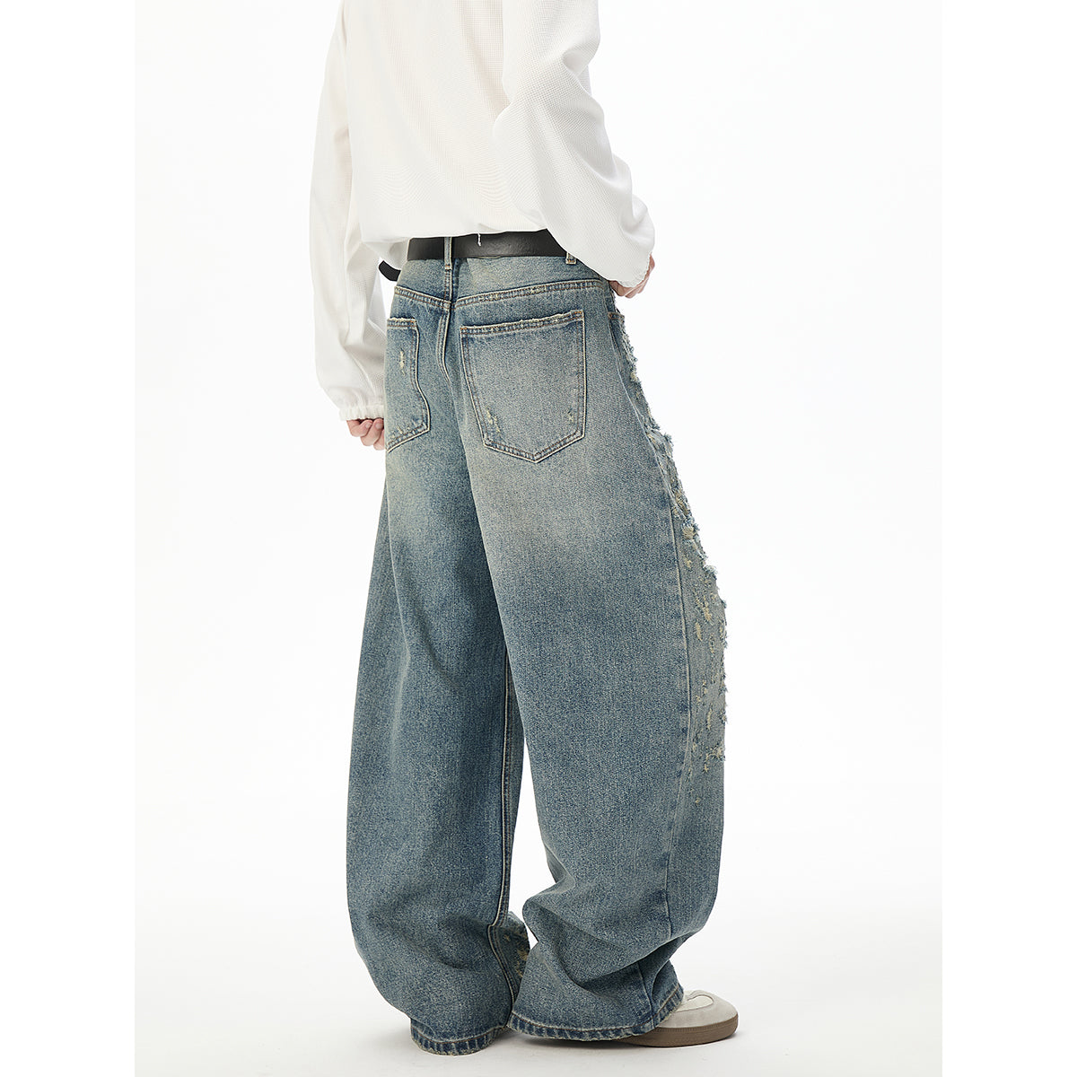 6109 - Style Store Multi Horizontal Yarn Hole High Quality Washed Denim Jeans